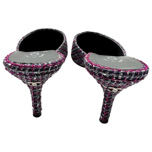 CHANEL Tweed Grosgrain CC Mules EU 38 US 7.5-8 Black Purple Pointed Toe Heels - Picture 5 of 15
